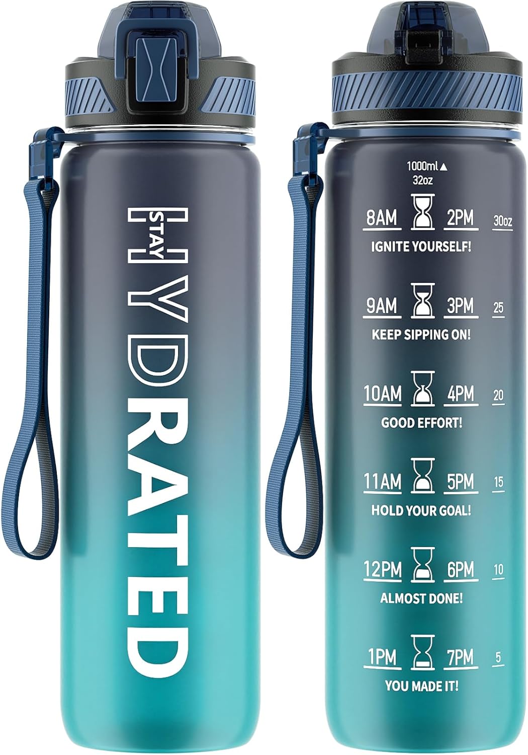 QLUR 32oz Motivational Water Bottle - BPA-Free Tritan with Time Marker & Carry Strap for Fitness | Leakproof