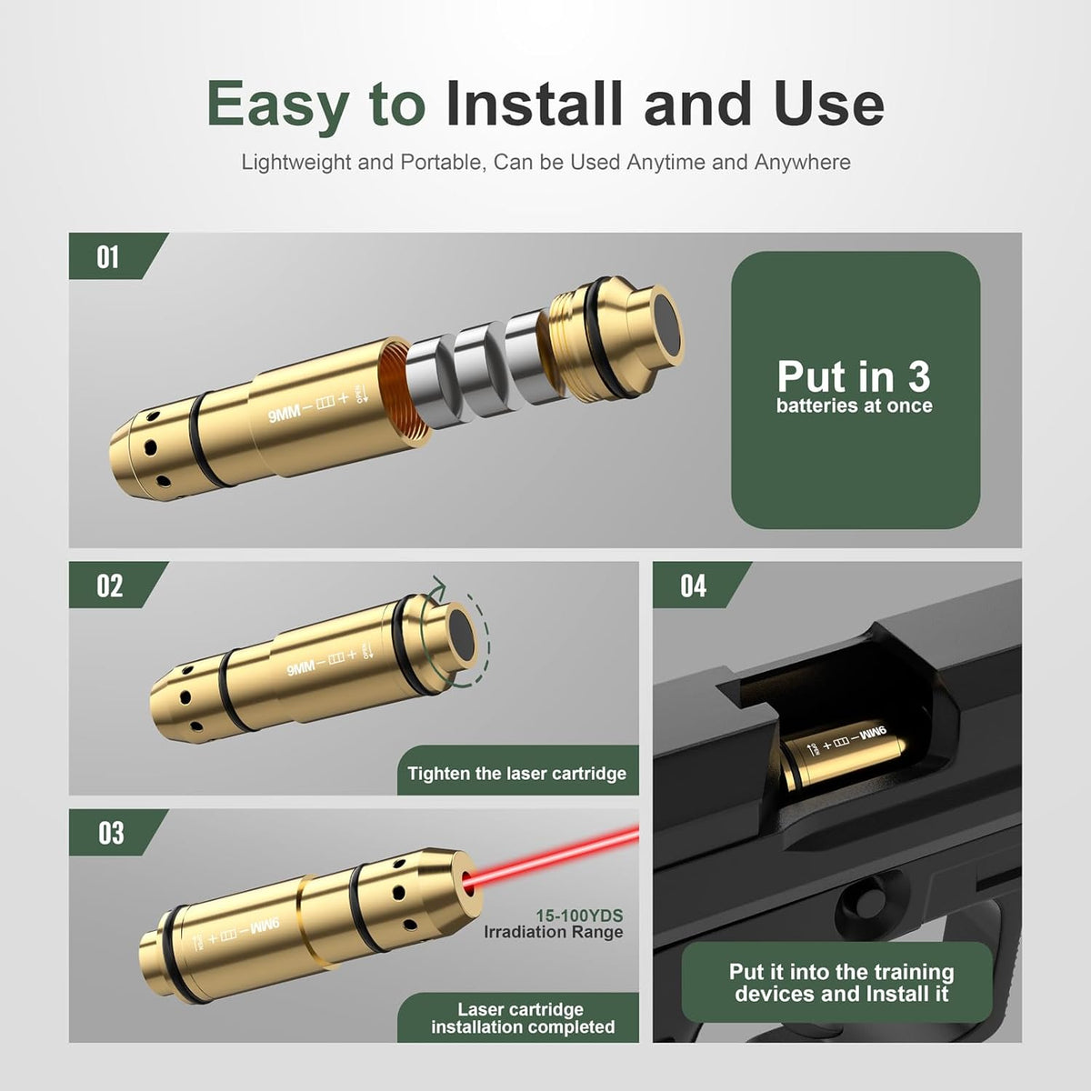 Skiennix 9mm Laser Training Cartridge - Enhance Dry Fire Practice with 3 Batteries Included