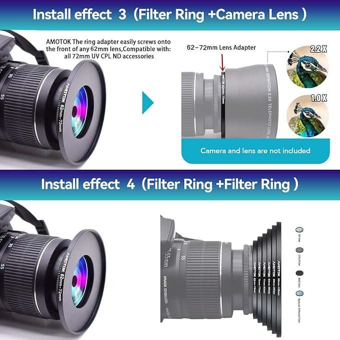 62mm Lens to 72mm Camera Lens Adapter, 62mm to 72mm Filter Step-up Ring Adapter