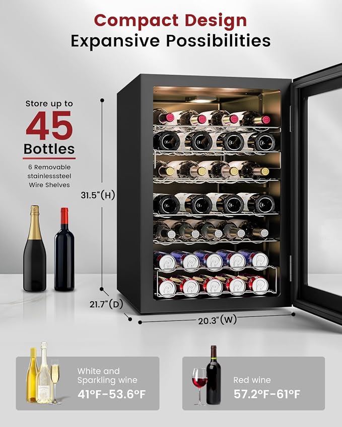 Feelfunn 45 Bottle Wine Cooler Refrigerator - Small Wine Fridge for Red, White, Champagne, Freestanding Wine Cellar with Glass Door & Digital Temperature Control for Home Bar, Office
