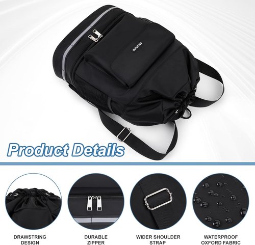 MOSISO Gym Bag - Versatile Drawstring Backpack with Shoe Compartment & Front Pocket - Black