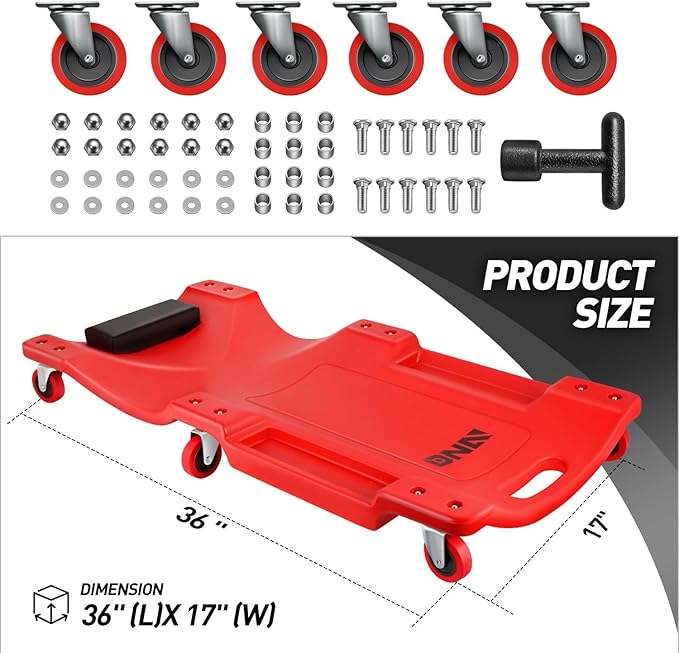 DNA MOTORING 36" L X 17" W x 4.25" H Vehicle Repair Low Profile Automotive Creeper w/Padded Headrest, Red, TOOLS-00201