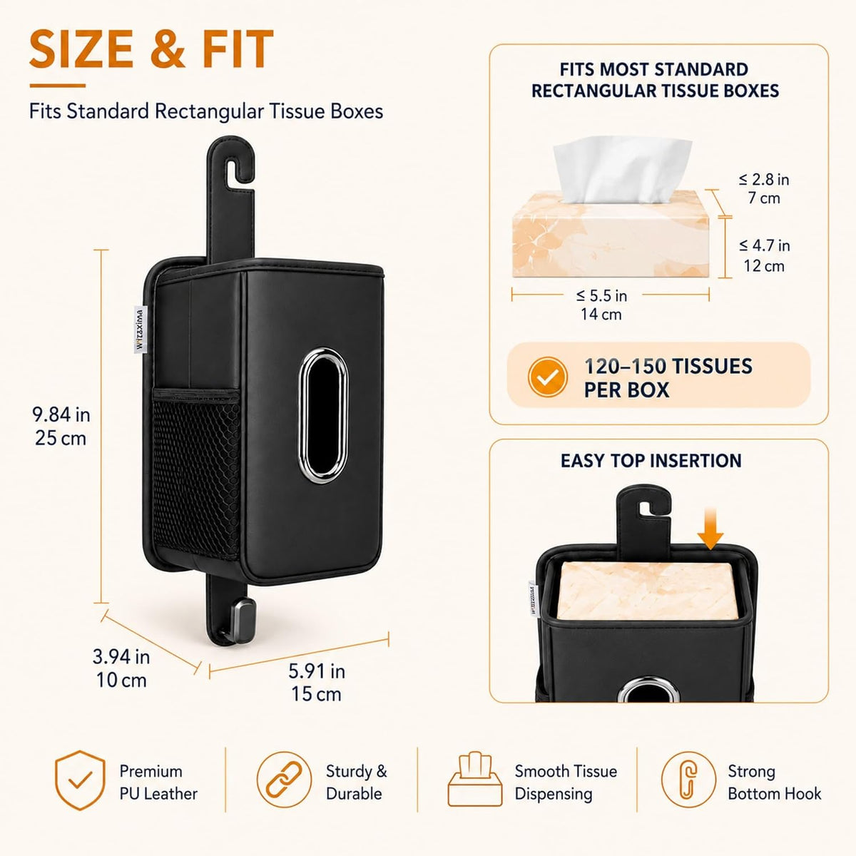 Witaxima 4 in 1 Car Tissue Holder with Headrest Hooks, Small Trash Can & Seat Back Organizer, PU Leather Tissue Box Cover for 120-150 Tissues, Trash Pockets & Hook Set, Keep Car Tidy, Black