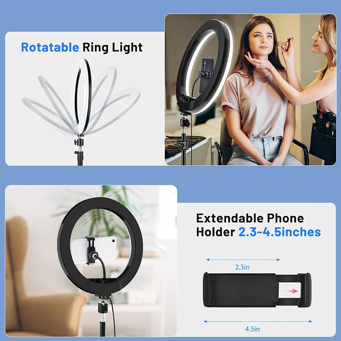12'' Ring Light with Stand 75'' Tall & Phone Holder, 100+ Color Modes Selfie