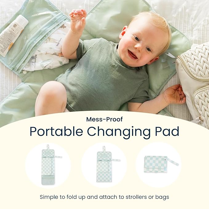 Tiny Twinkle Portable Diaper Changing Pad | Waterproof, Wipeable & Compact Baby Changing Pad for Travel | Smart Wipes Pocket & Organized Storage| Newborn Shower Gift (Gingham)
