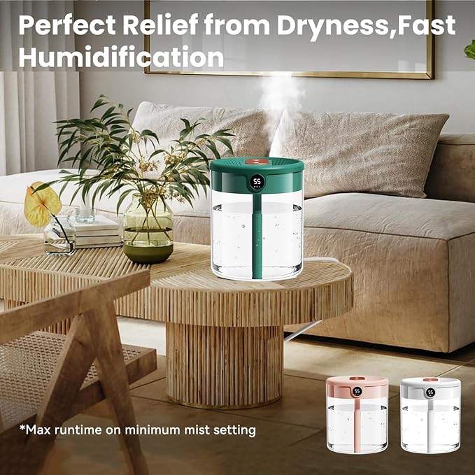 Dreamzy Humidifier for Large Room Cool Mist Bedroom Desktop Double Nozzle Cool Mist Humidifier with Night Light,with 2 Cleaning Brush Top Fill Lasts Up to 24 Hours,Auto Shut-Off,No leakage Design(Gree