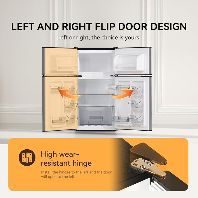 Mini Fridge with Freezer 3.2 Cu.Ft. 2 Door Refrigerator and Freezer Small Fridge for Bedroom Home Office Dorm, Small Drink Chiller, Adjustable Thermostat,37 dB Low Noise, Stainless Steel