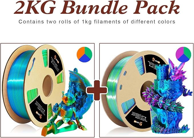 LOVOON Silk PLA 3D Printer Filament Bundle 2 KG, PLA Filament 1.75mm, Shiny