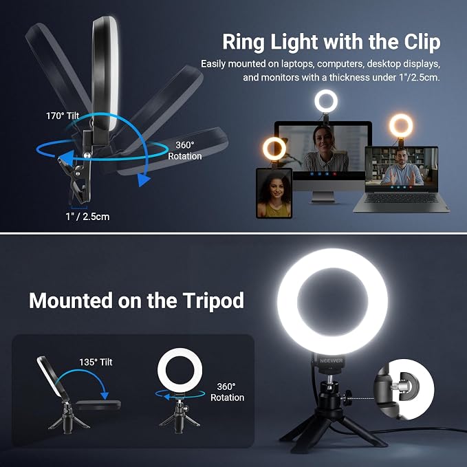 NEEWER Basic 5" Ring Light for Video Conference Lighting, Clip on Light Kit