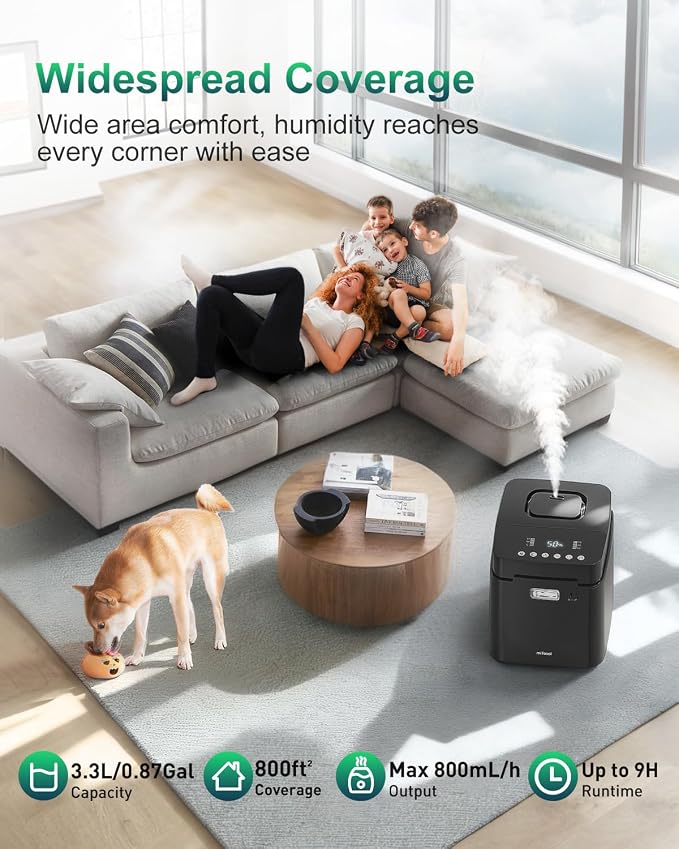 Mifasol Stainless Steel Humidifier, 3.3L Warm Mist Humidifiers for Bedroom, Easy Clean Steam Humidifiers for Home, Dishwasher Safe Humidifier Large Room, Black
