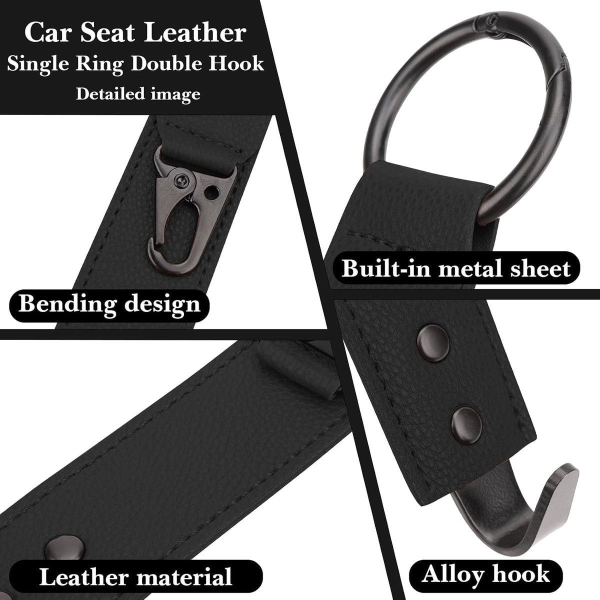 Adorila Car Hooks for Headrest - Backseat Storage Organizer Hangers - PU Leather Strap with Metal Snap Clip for Bags - (Black, 2-Pack)
