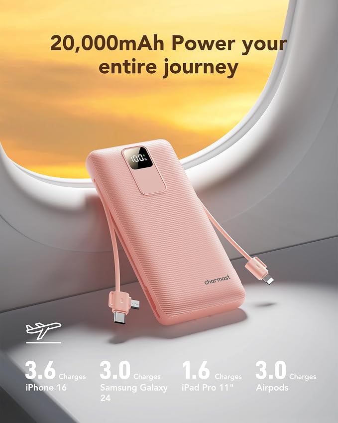 charmast 20000mAh Portable Charger with Wall Plug, Fast Charging Power Bank USB C, 20W PD Battery Pack with Built-in Cables Travel Essential for iPhone 16/15/14, Samsung, iPad More Devices (Pink)