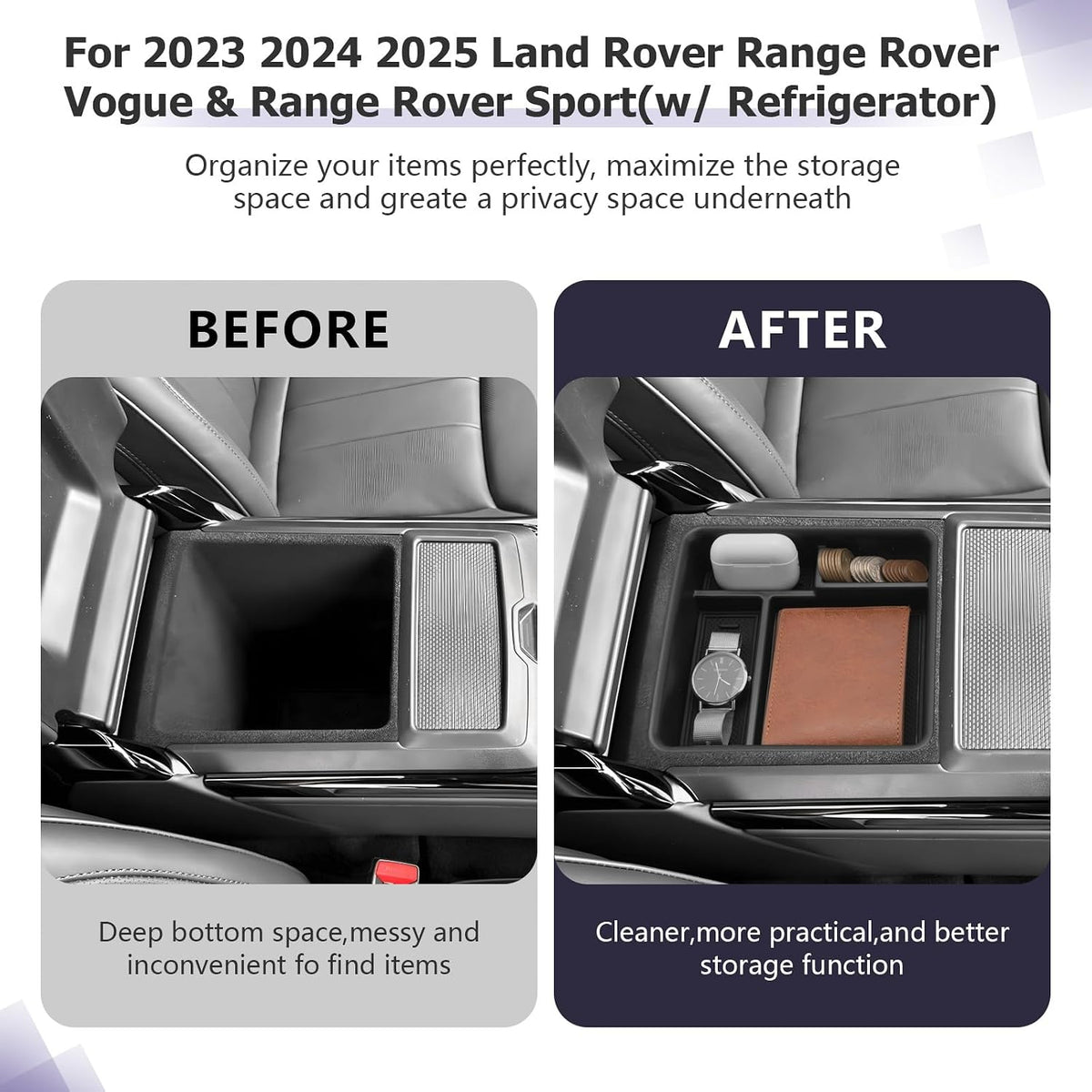 LUWU R Ange R Over Center Console Organizer Compatible with 2023 2024 2025 Land Rover R Ange R Over Vogue/Sport Accessories Armrest Console Organizer Armrest Organizer Insert Tray (w/o Refrigerator)