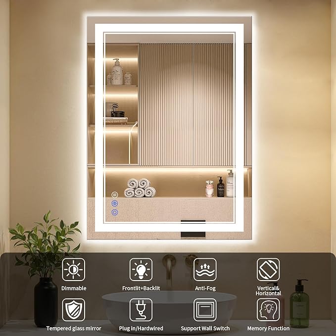 30"x40" LED Bathroom Mirror with Lights, Anti-Fog, Backlit + Front Lit, Dimmable, Led Vanity Mirror for Wall, Lighted Bathroom Mirror, 3 Colors, Shatter-Proof Tempered Glass
