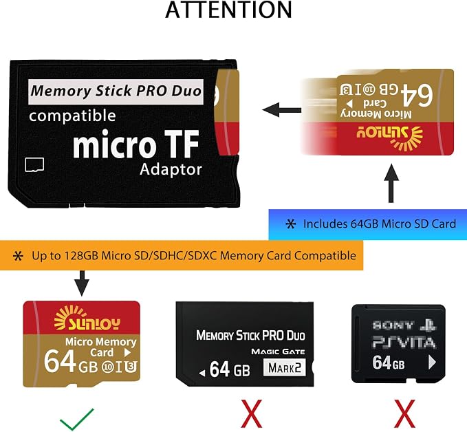 PSP Memory Stick Adapter with 64GB Micro SD Card, Micro SD/SDHC/SDXC to Memory
