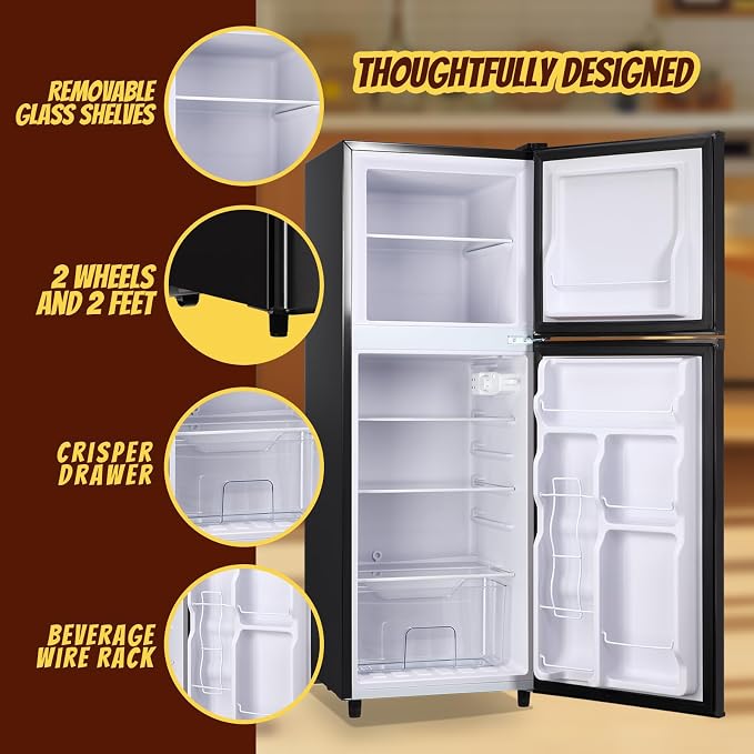 5.0 Cu.Ft Small Refrigerator with Freezer Double Door Mini Fridge Top Freezer Adjustable Temperature for Dorm Office Apartment Black