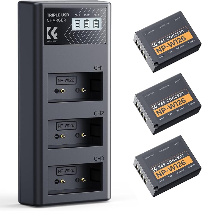 K&F CONCEPT 3-Pack NP-W126 Battery and Upgraded 3-Slot NP-W126S XT30III Battery