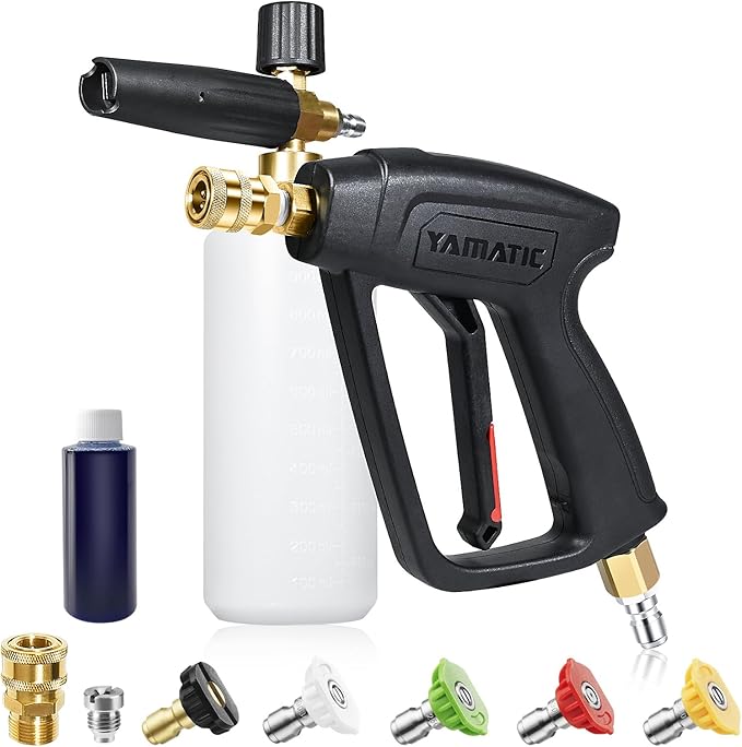 YAMATIC Pressure Washer Gun with Foam Cannon, 4000 PSI Car Washer Foam Blaster with 1/4" Quick Connect, 5 Power Washer Nozzle Tips and 4OZ Soap, 1 Liter, Pressure Washer Gun Swivel 3/8" &M22 Inlet