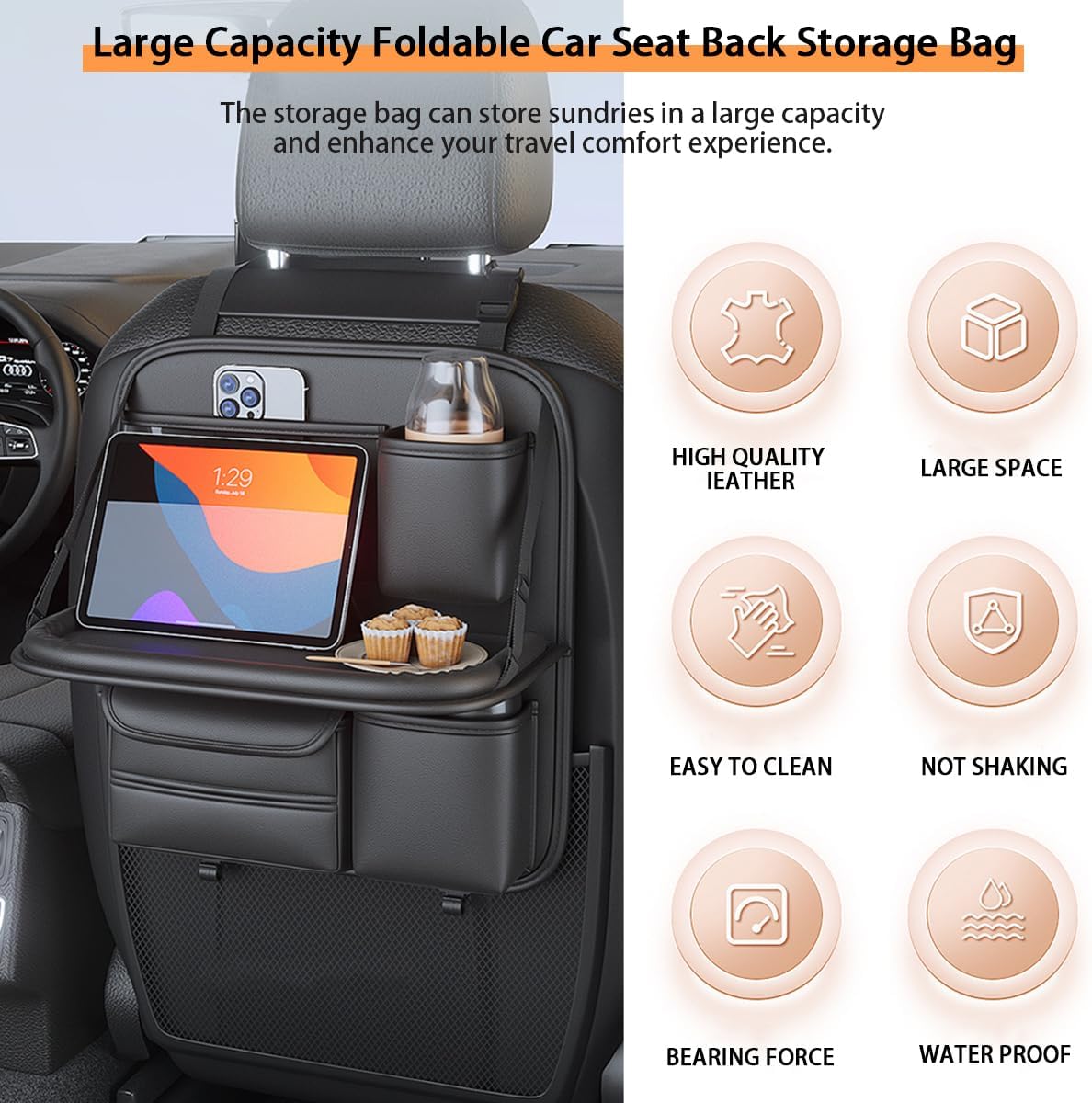 Backseat Car Organizer,5 Storage Pocketscar Seat Organizer,Car Storage Organizer with Foldable Food Tray,Car Seat Back Protectors Kick Mats Travel Accessories