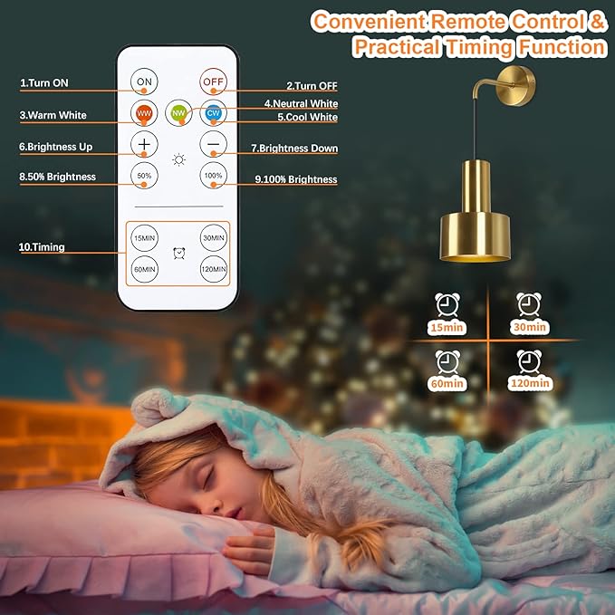 Gold Battery Operated Wall Sconce, Wireless Wall Lights Set of 2, Dimmable Wall lamp with Remote Control, 3000K-6000K Adjustable Modern Luxury LED Light Fixtures for Kitchen Bedroom Living Room Stairs