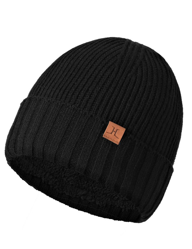 Valkgard Winter Beanies Hats for Men, Knit Fleece Beanie Skull Caps, Mens Toboggans Ribbed Cuffed Stocking Hat Black