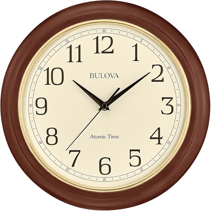 Bulova Atomic Time 2 Analog Wall Clock C5004 | 12.4" Wooden Frame, Sets Time