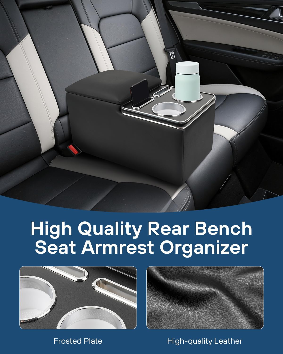 Bench Seat Center Console Organizer, Cup Holders, Regular, Black