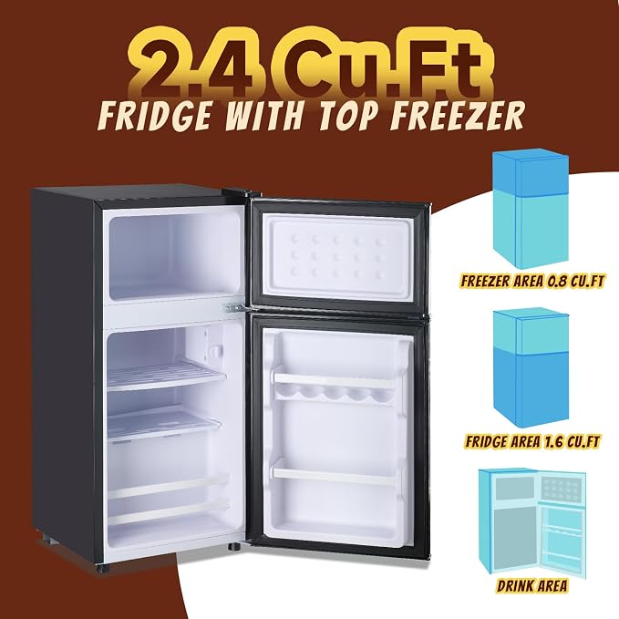 2.4 Cu.ft Mini Fridge with Freezer Dual Door Small Fridge Dark Gray | Bottom Drink Holder 2 Plastic Shelves 7 Temp Control