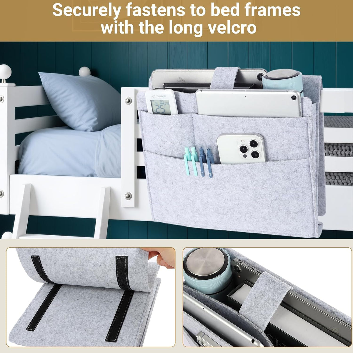 Seefoo Bed Caddy Organizer, Bunk Bed Shelf Caddy with 4 Pockets Grey