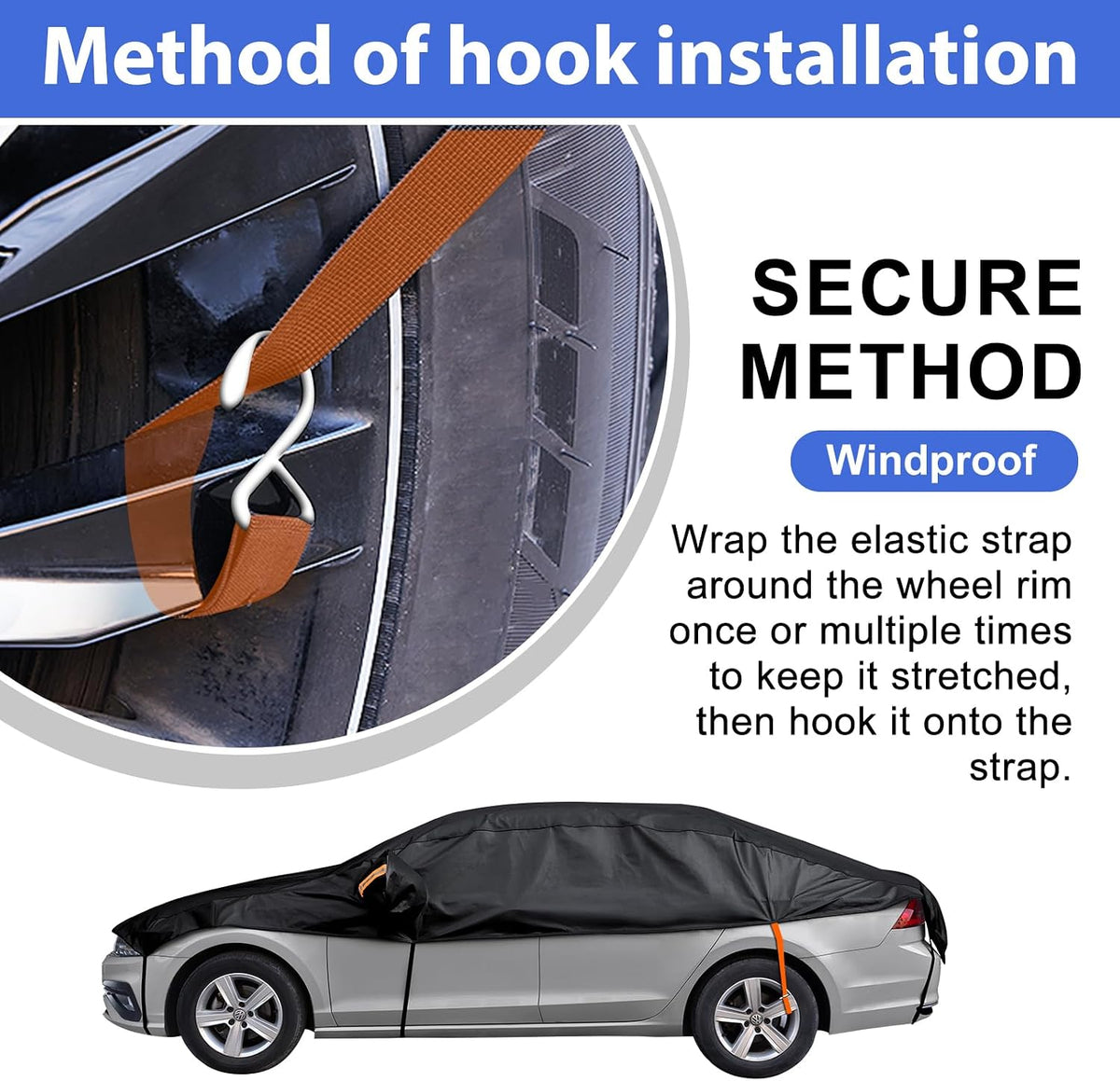 Car Cover Top Only for Sedan/Coupe, Partial Snow Cover with Cotton Liner, Windshield Cover Waterproof All Weather for Snow, Sun,Rain,Dust,Fit Sedan M