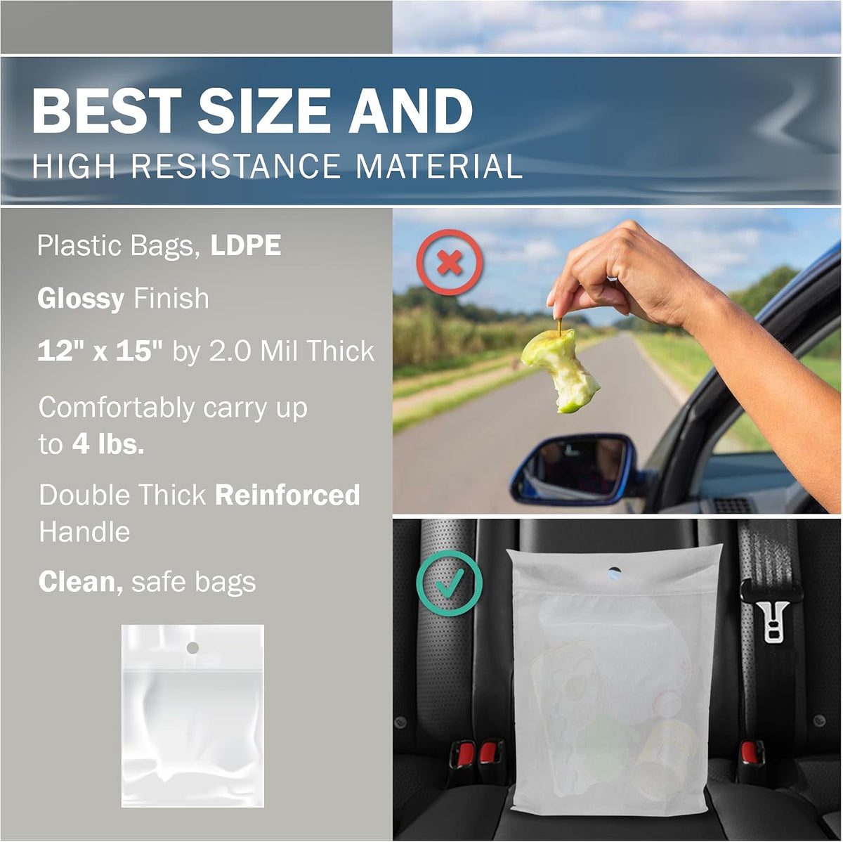 12x15 White Disposable Car Trash Bags, Leak-proof, Medium Size, 50 Pack, 2 Mil Thick, with Die-Cut Handles by PPB