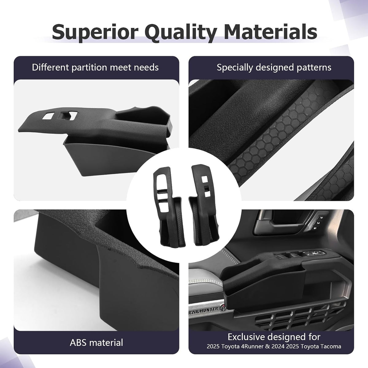 LUWU Door Side Storage Box Compatible with 2025 Toyota 4Runner Accessories Side Organizer Tray 2025 4Runner Center Console Organizer TPE Material Front Storage Box Black 2-Pack