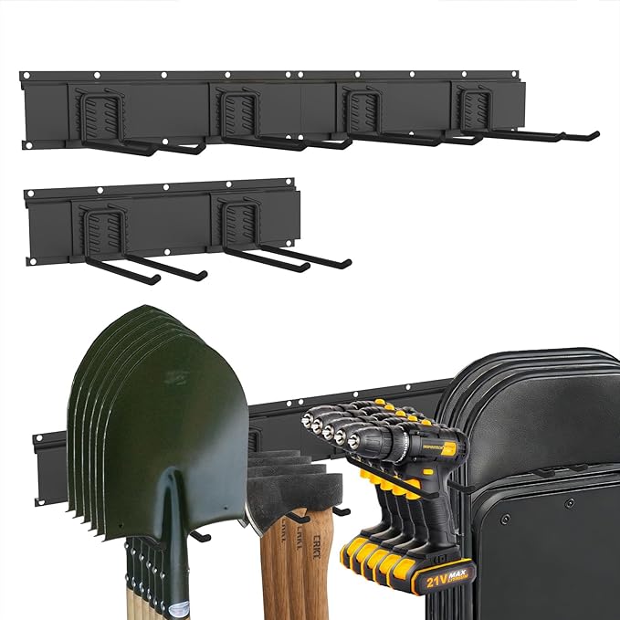 CBWLWJ 48'' Garage Tool Organizer Wall Mount - Heavy Duty 480 lbs Capacity Tool Rack with 6 Adjustable Straight Hooks, Wall Mounted Storage System for Garage, Shed, Workshop (Black)