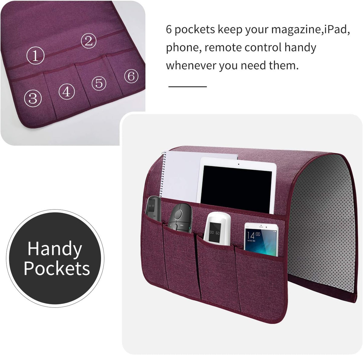 Sofa Armrest Organizer, Remote Control Holder for Recliner Couch, Arm Chair Caddy with 6 Pockets for Magazine, Tablet, Phone, iPad