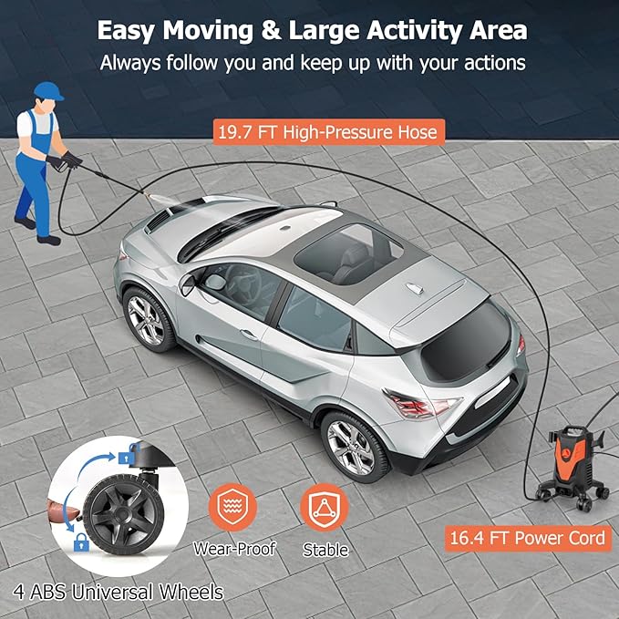 COSTWAY Electric Pressure Washer with 4 Universal Wheels, 2400 PSI High Pressure Cleaner Machine with 4 Nozzles and Soap Bottle, 1.7 GPM Portable Washer for Car, 3 Self-Priming Ways (Orange+Black)