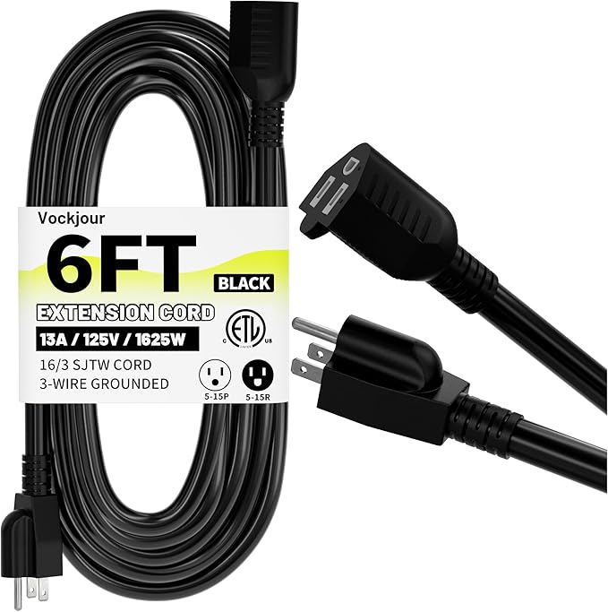 16/3 Black Indoor Outdoor Extension Cord 6 Ft Waterproof, Extension Cord with 3 Prong Grounded Plug,13A 1625W 16AWG SJTW, Flexible Weatherproof Power Cable