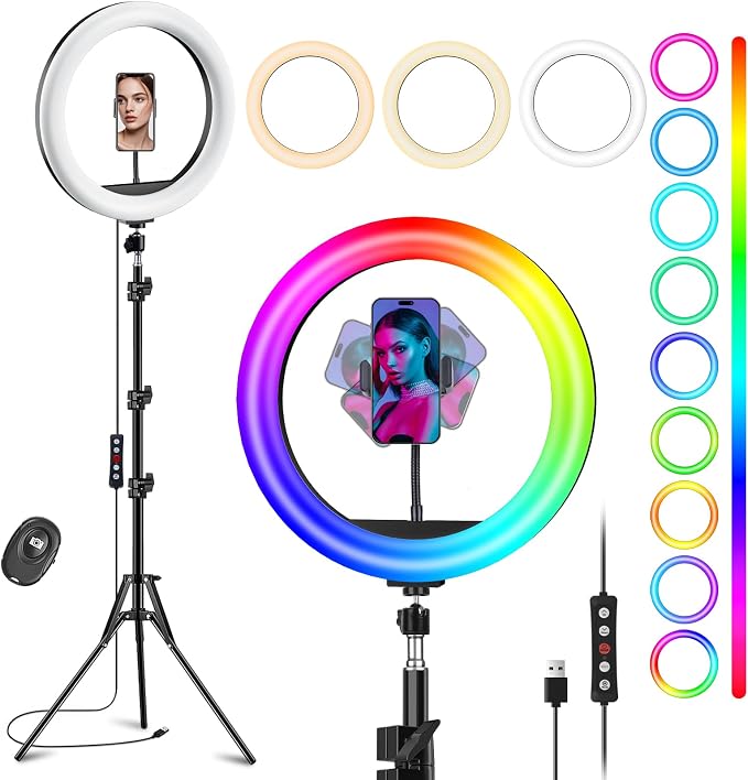 12'' Ring Light with Stand 75'' Tall & Phone Holder, 100+ Color Modes Selfie