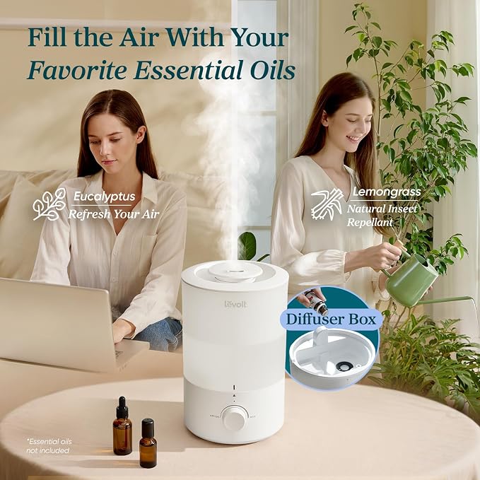 LEVOIT - Humidifiers for Bedroom - Quiet (3L Water Tank) - Cool Mist/Top Fill/Essential Oil Diffuser/25Watt - Home/Large Room - 360° Nozzle - Rapid Ultrasonic Humidification for Baby Nursery/Plant
