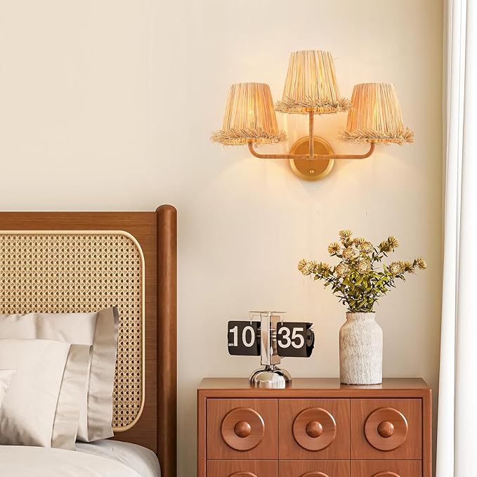 Boho Hand Woven Rattan Wall Sconces 3-Lights Wall Lamp Coastal Brass Wall Lights for Hallway Vanity Bedside Doorway, UL Listed