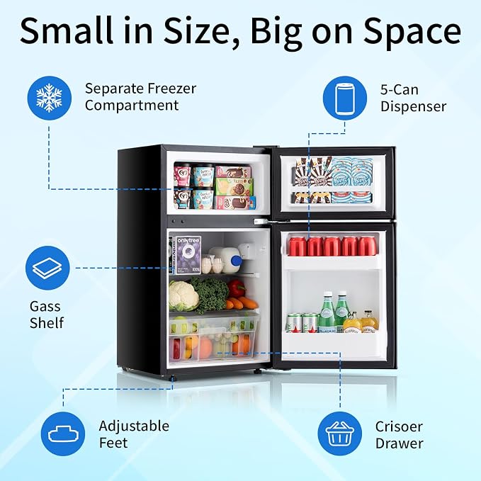DOGHLY 3.2 Cu.Ft Mini Fridge with Freezer, Double Door Small Refrigerator | Compact Refrigerator with 3 Adjustable Thermostat, Removable Shelf, Low Noise, Small Fridge for Bedroom, Office, Dorm, Black