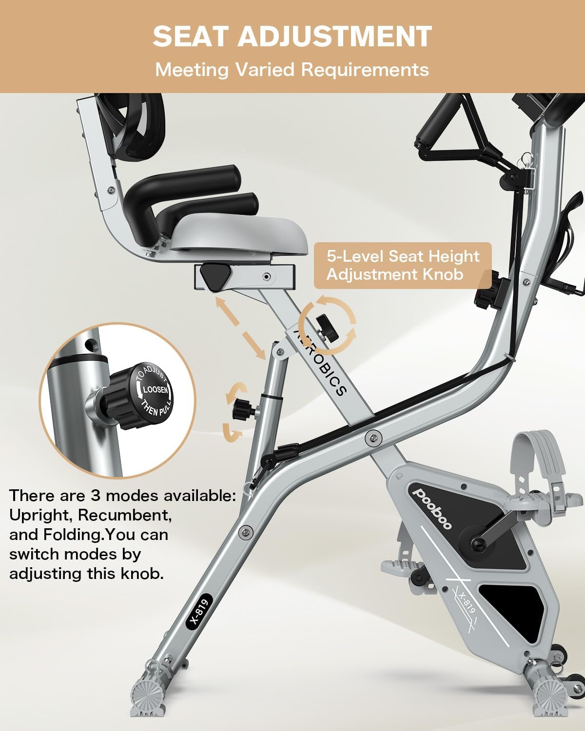 Pooboo Folding Exercise Bike - Magnetic Upright Stationary Bike with 8-Level Resistance | 300LB Capacity, Back Support Cushion