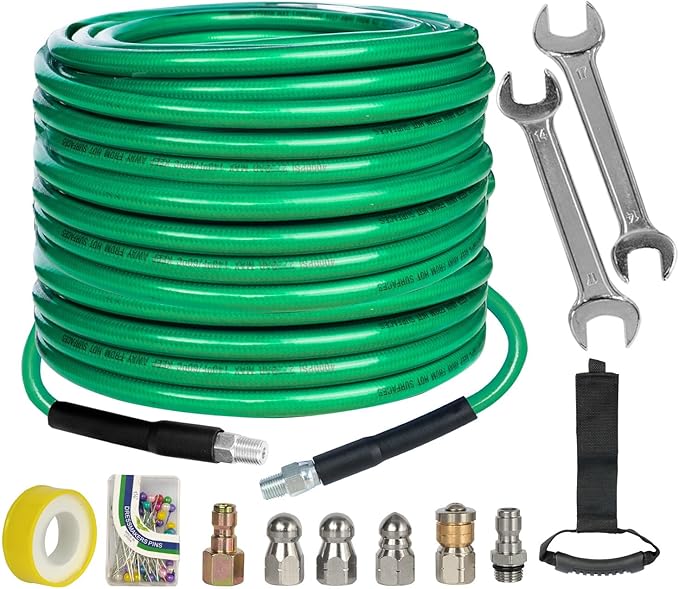 Hourleey Sewer Jetter Kit for Pressure Washer 100FT, 4000 PSI Drain Cleaner Hose 1/4 Inch NPT, Corner Rotating and Button Hose Sewer Jetting Nozzle Pearl Corsage Pin Tape Handle Strap Spanner, Green