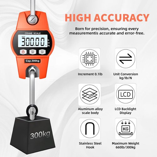 High-Accuracy Hanging Scale 660lb/300kg - Durable Aluminum Frame with LCD Display | Versatile Fishing & Luggage Scale