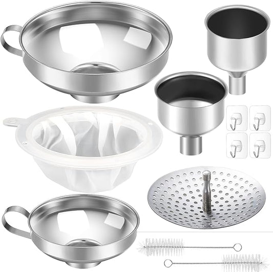 Gejoy 12 Pcs Metal Canning Funnels Set Wide Mouth Mason Jar Funnels for Filling Stainless Steel Kitchen Filter with Strainer Mesh Filter Brushes and Adhesive Hooks, Silver