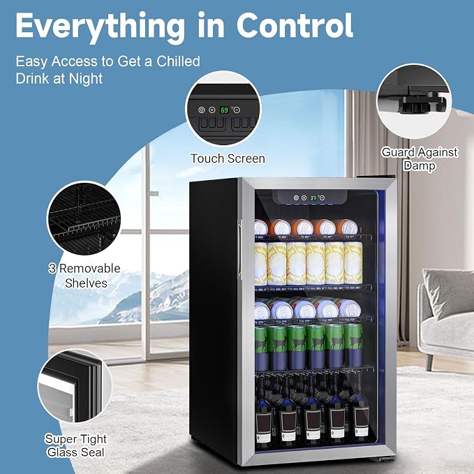 Stopasd Beverage Refrigerator Cooler, 3.0 Cu.Ft/105 Can Drink Fridge with Adjustable Shelves & Glass Door for Soda Wine Beer, Quiet Undercounter Small Fridge for Home/Office/Bar/Garage(37-61 ℉),Sliver