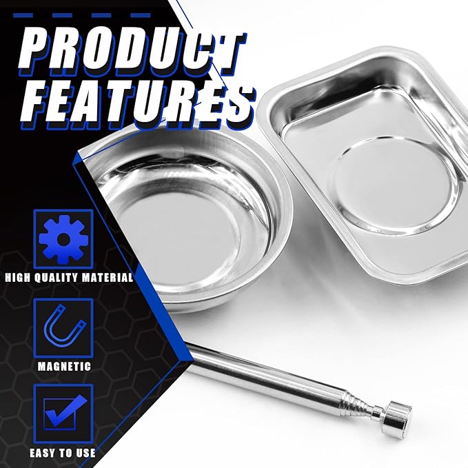 Glarks 5 Pieces Magnetic Tool Trays with Magnetic Pickup Tool Set 3" 6" Round Magnet Bowl and 9.5" x 5.5" / 3.6" x 2.4" Rectangular Magnet Parts Tray for Socket Screw Nuts Bolts Pins Metal Tool
