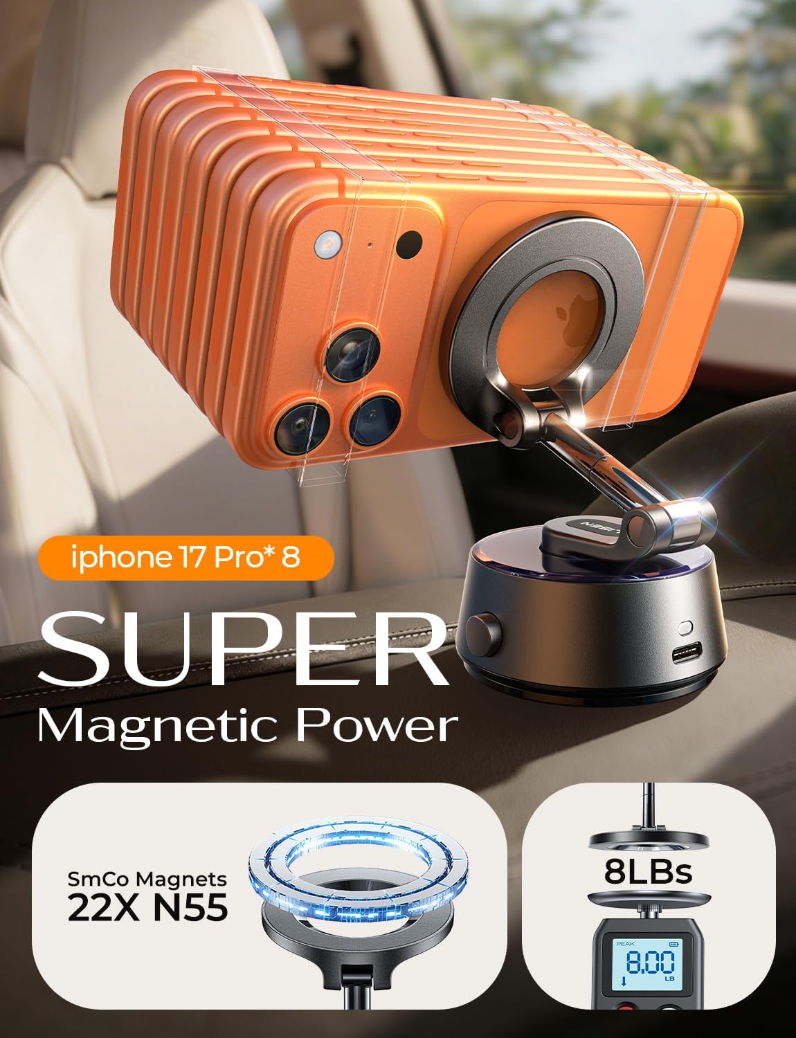 LISEN Suction Phone Mount for Car【Leaves No Residue】, 360 Adjustable Magnetic Phone Holder for Car Dashboard Universal Magsafe Accessories for iPhone 17 Pro Max Air 16 15 14 13 12