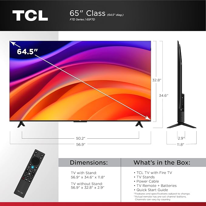 TCL 65-Inch F7D Series 4K QLED (65F7D, 2026 Model) with Dolby Vision HDR & Dolby Atmos Smart TV with Fire TV, Alexa+, Game Accelerator 120, High Brightness LED Backlight, Dolby Atmos and Voice Control
