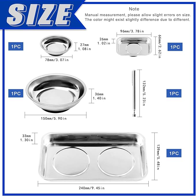 Glarks 5 Pieces Magnetic Tool Trays with Magnetic Pickup Tool Set 3" 6" Round Magnet Bowl and 9.5" x 5.5" / 3.6" x 2.4" Rectangular Magnet Parts Tray for Socket Screw Nuts Bolts Pins Metal Tool