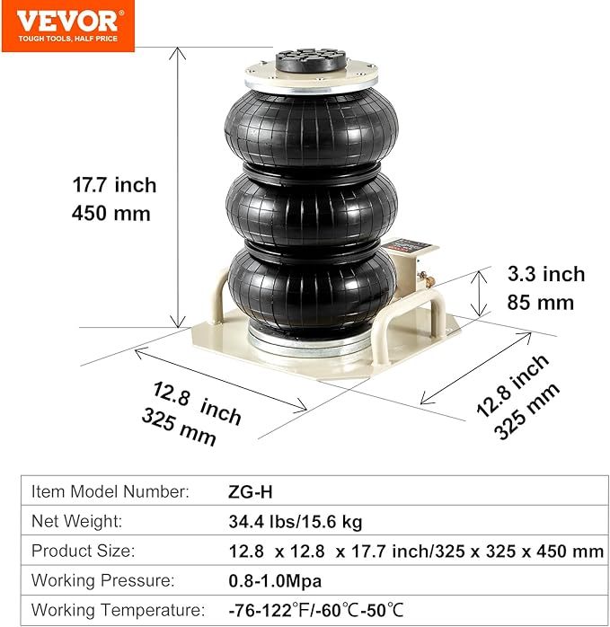 VEVOR Air Jack, 3 Ton/6600 lbs Triple Bag Air Jack, Airbag Jack with Six Steel Pipes, Lift up to 17.7 inch/450 mm, 3-5 s Fast Lifting Pneumatic Jack, with Side Handles for Car, Garage, Repair
